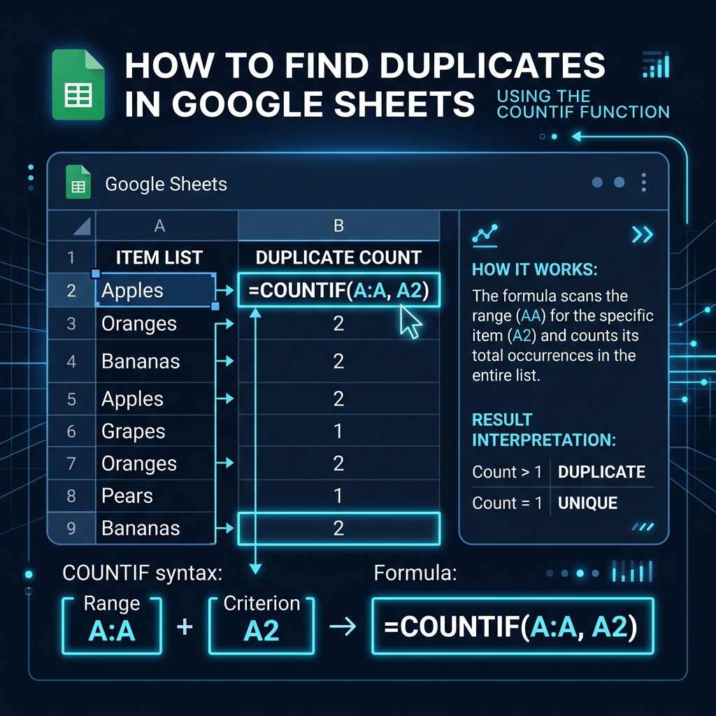 GoogleスプレッドシートでCOUNTIF関数を使って重複チェック列を作成する手順