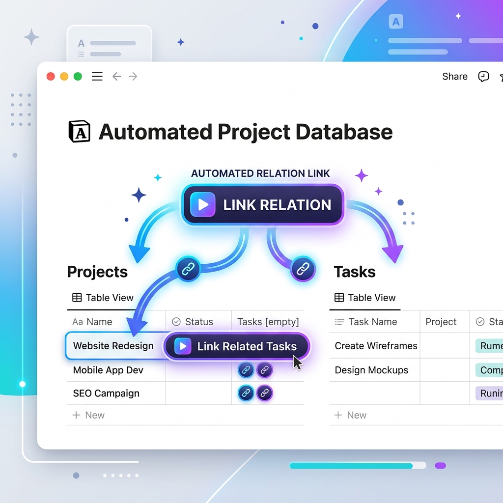 【自動化】Notionのリレーション機能でデータベースの紐付けを設定する手順 - 応用テクニックイメージ画像